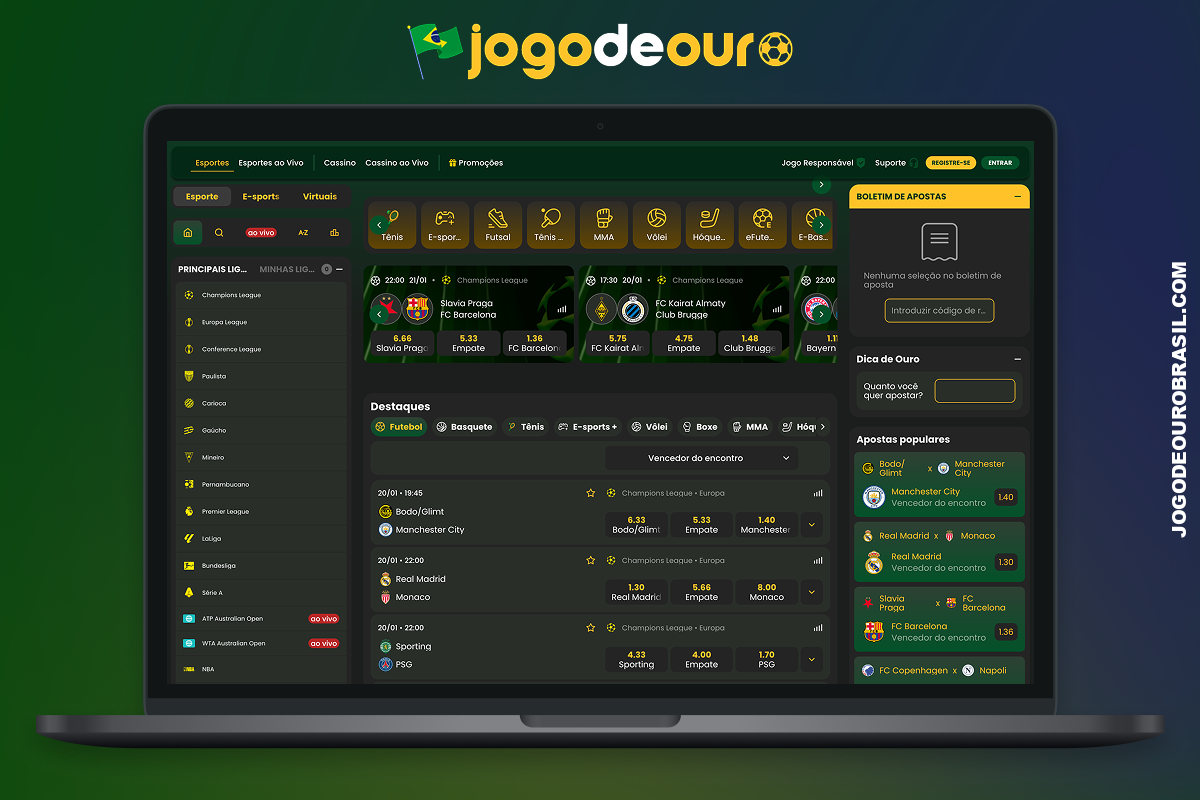 No site Jogo de Ouro, usuários do Brasil podem fazer apostas em esportes populares, bem como em torneios locais e internacionais